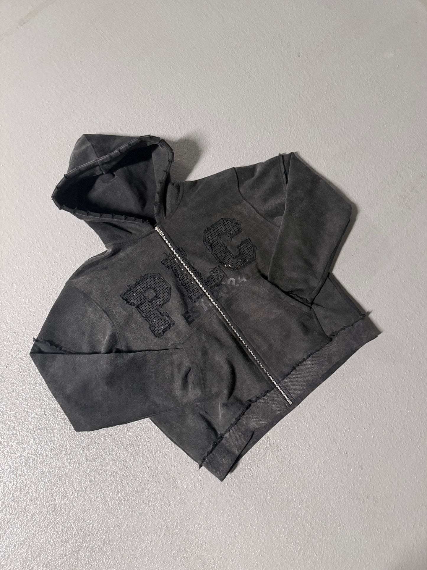 Black "PLC" Distressed Zip-Up