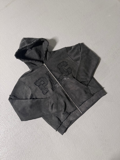 Black "PLC" Distressed Zip-Up