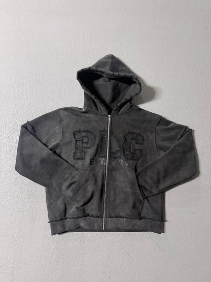Black "PLC" Distressed Zip-Up