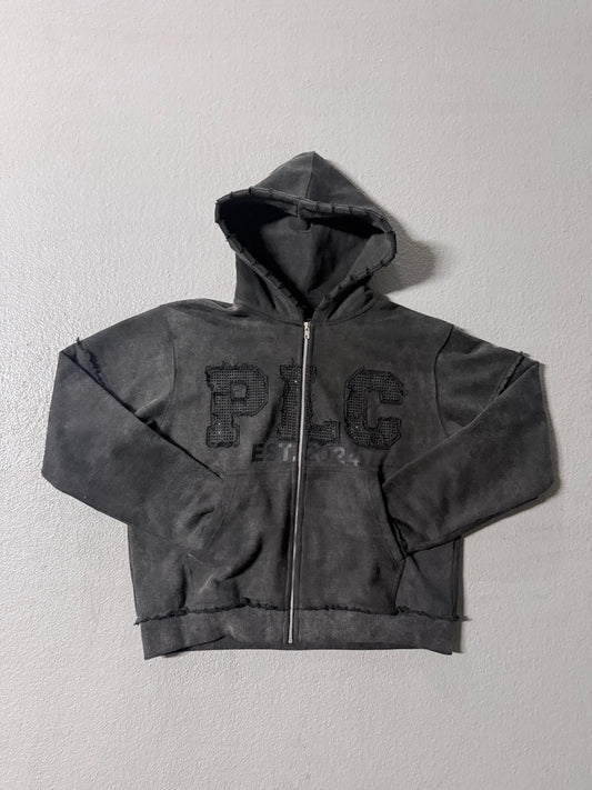 Black "PLC" Distressed Zip-Up