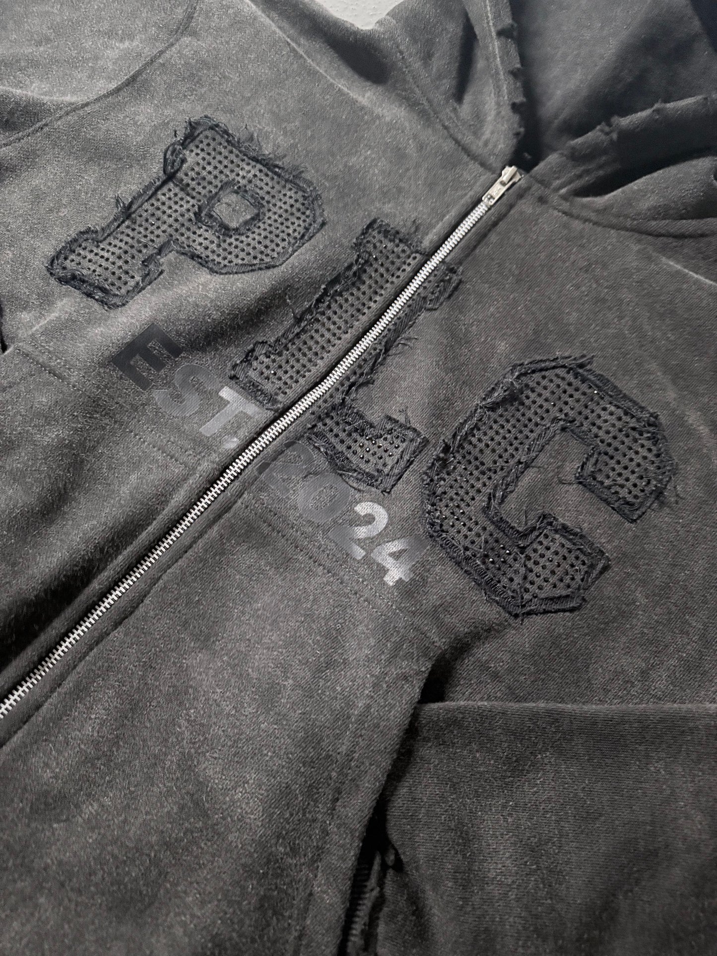 Black "PLC" Distressed Zip-Up