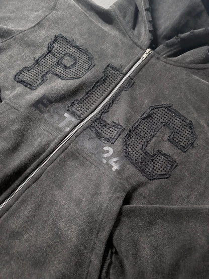 Black "PLC" Distressed Zip-Up
